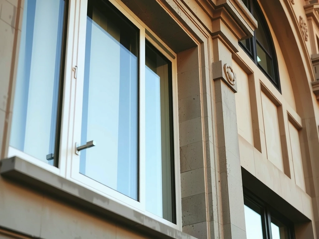 Custom aluminum window frame integrated into historic limestone facade.